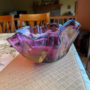 Matthew Buechner Thames Glass Amethyst Bowl with Gold & Silver Signed Rare 1997